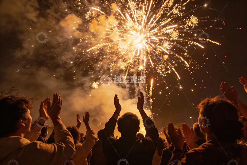 高清大图下载【趣麦麦图】夜空中绽放烟花人群欢呼