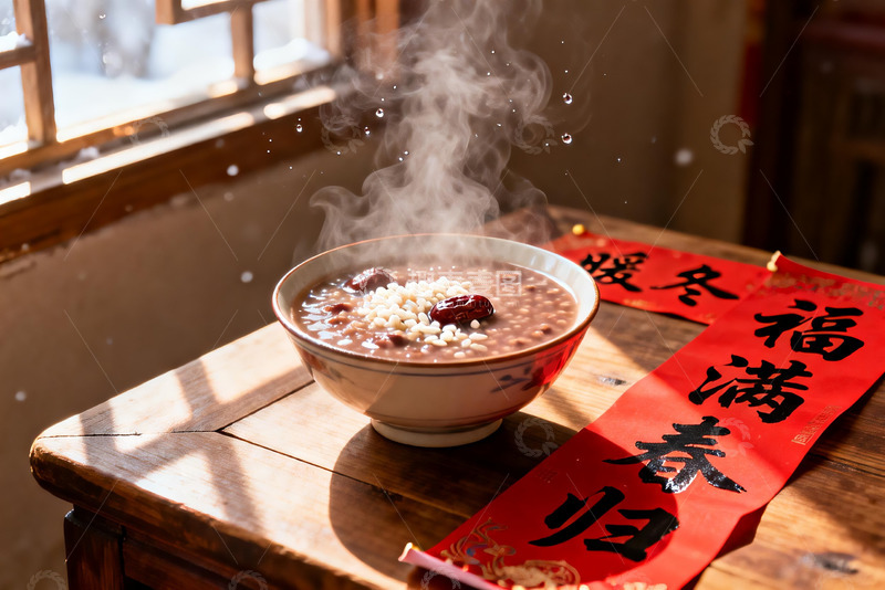 高清大图下载【趣麦麦图】热气腾腾的粥配春联