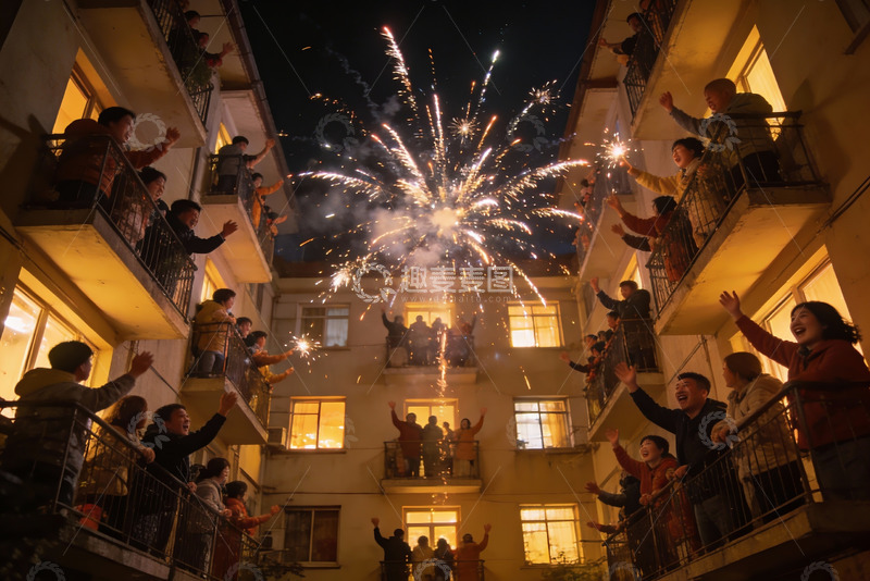 高清大图下载【趣麦麦图】居民楼阳台烟花夜景欢庆