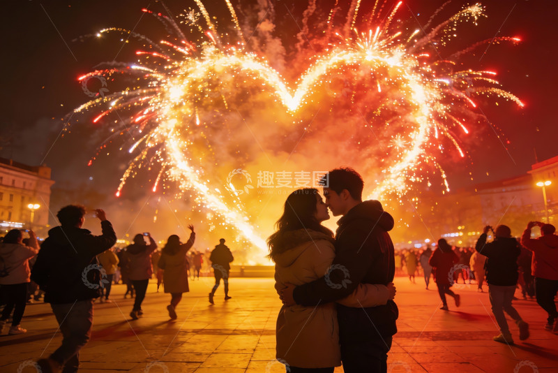 高清大图下载【趣麦麦图】心形烟花下情侣相拥