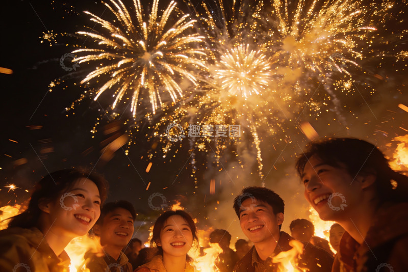 高清大图下载【趣麦麦图】夜空烟花下欢笑人群