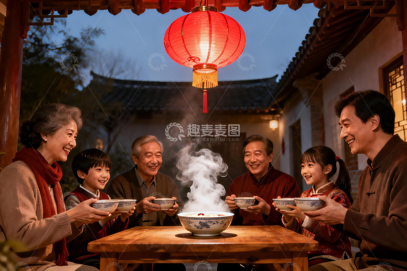 高清大图下载【趣麦麦图】三代同堂围坐餐桌共享热饭