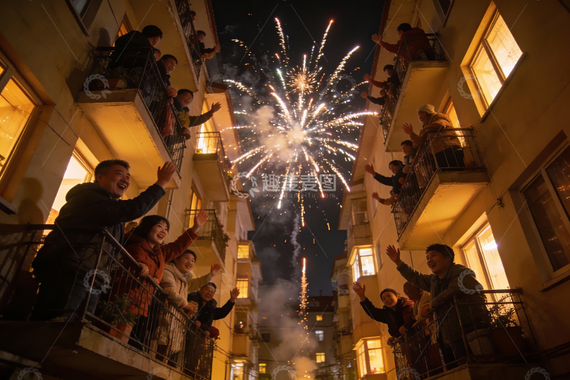 高清大图下载【趣麦麦图】居民楼阳台放烟花欢庆夜景