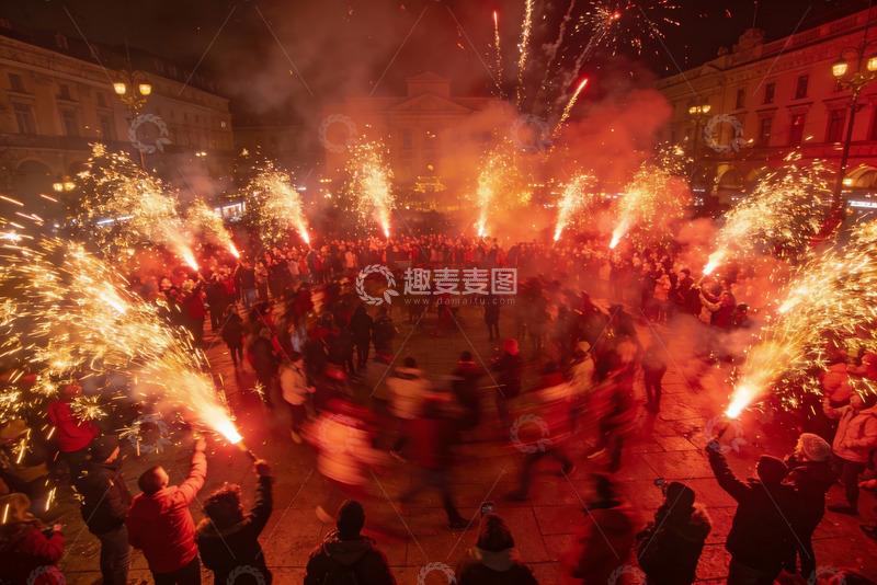 高清大图下载【趣麦麦图】夜广场烟花表演人群欢庆