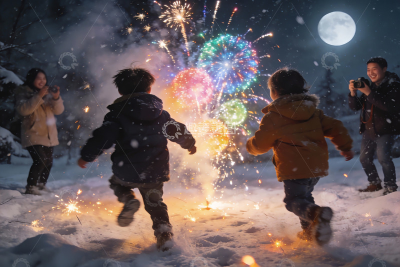 高清大图下载【趣麦麦图】雪夜烟花下儿童奔跑欢乐场景