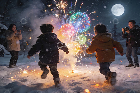 雪夜烟花下儿童奔跑欢乐场景