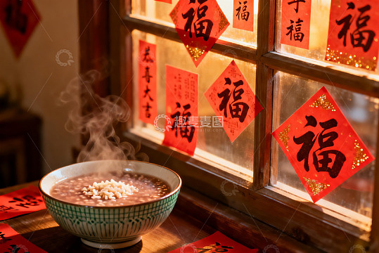 窗前热粥与红色福字装饰