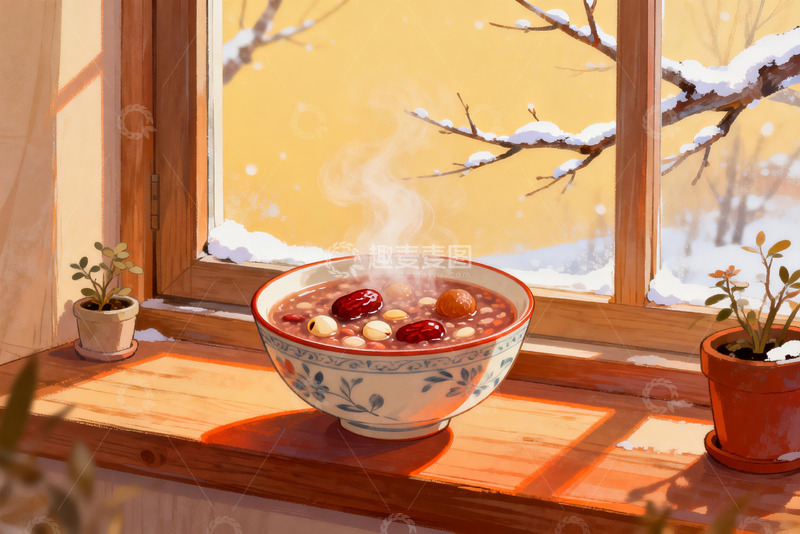 高清大图下载【趣麦麦图】窗台热粥映雪景