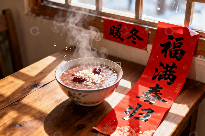 高清大图下载【趣麦麦图】热气腾腾的粥配春联