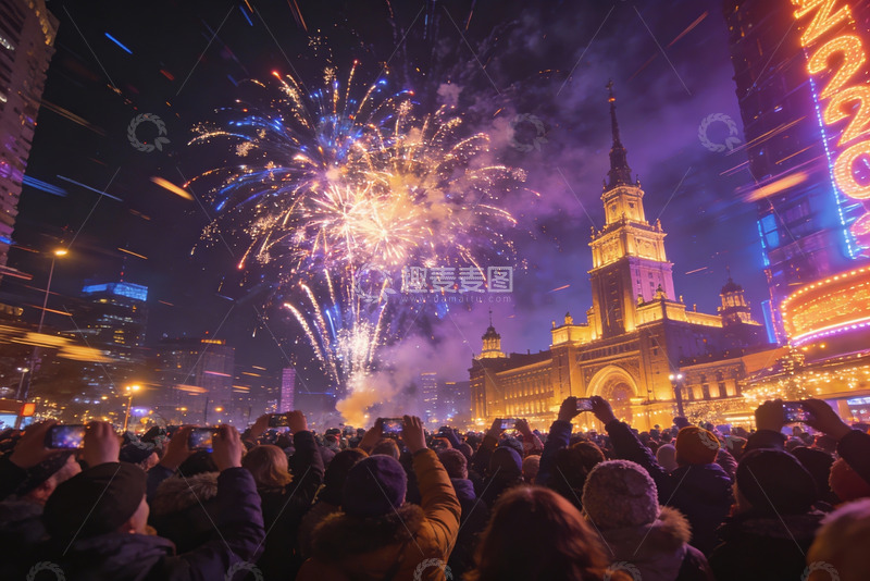 高清大图下载【趣麦麦图】夜空烟花璀璨人群欢庆