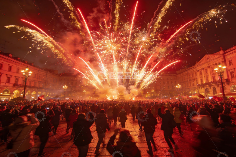 高清大图下载【趣麦麦图】夜空烟花绽放人群欢庆