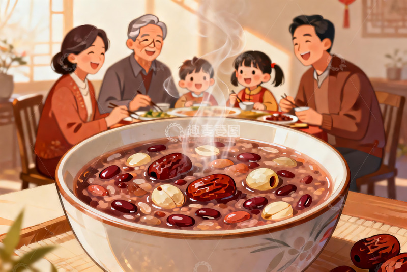 高清大图下载【趣麦麦图】家人围坐吃腊八粥其乐融融