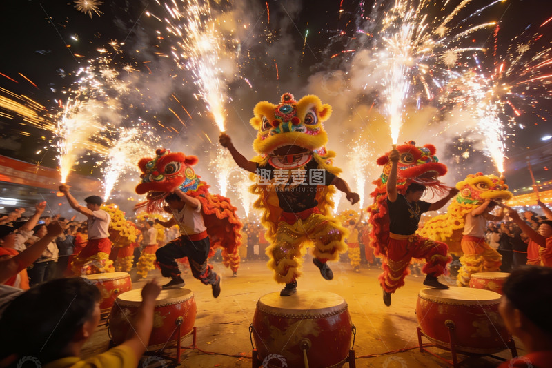 高清大图下载【趣麦麦图】舞狮表演烟花璀璨夜