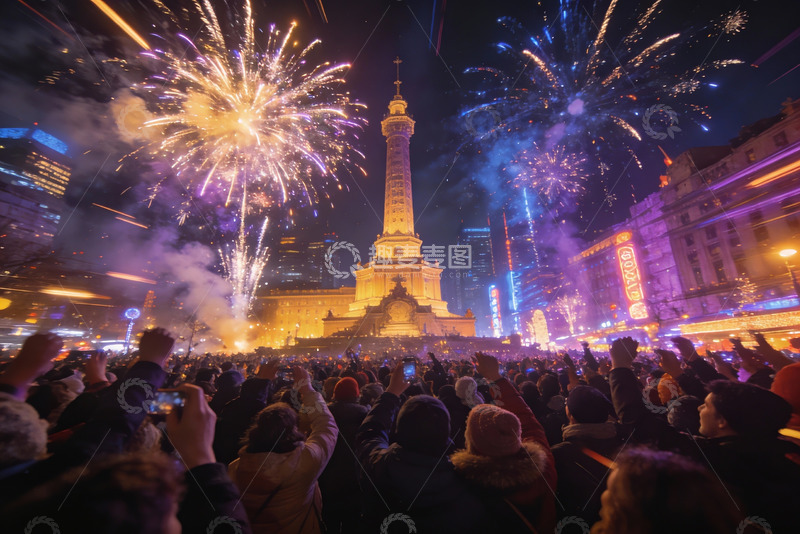 高清大图下载【趣麦麦图】新年夜烟花秀人群欢庆