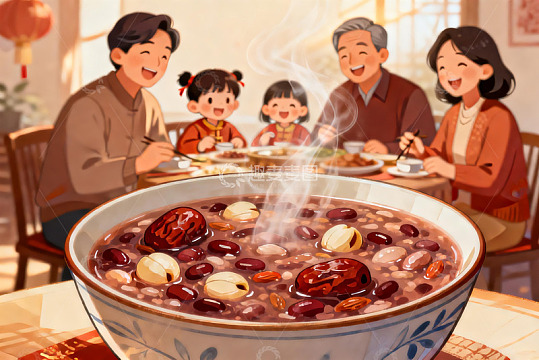 家人围坐吃腊八粥其乐融融