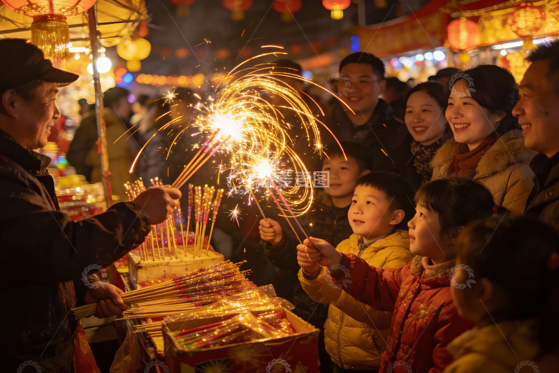 高清大图下载【趣麦麦图】夜市烟花亲子欢乐场景