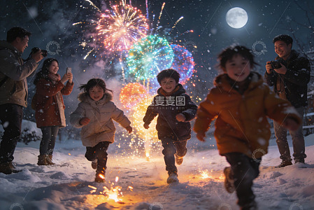 雪夜烟花下儿童奔跑欢乐场景