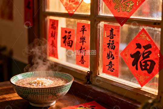 窗前热粥与新年福字装饰