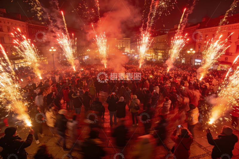 高清大图下载【趣麦麦图】夜空中绽放的烟花与人群