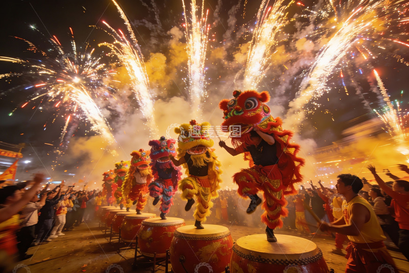 高清大图下载【趣麦麦图】夜空中舞狮表演烟花绽放