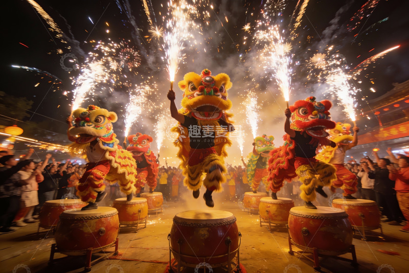 高清大图下载【趣麦麦图】夜场舞狮烟花表演热闹非凡