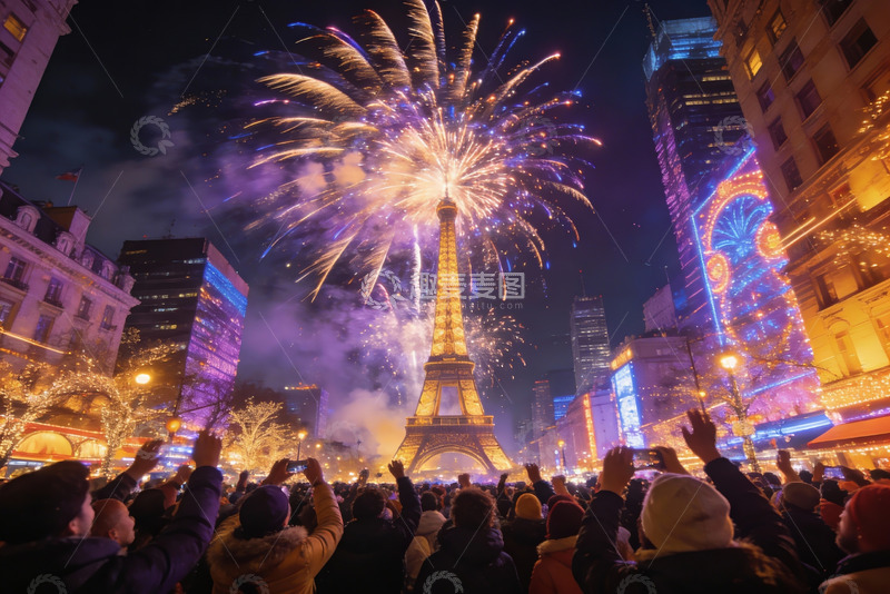 高清大图下载【趣麦麦图】巴黎夜空烟花璀璨埃菲尔铁塔