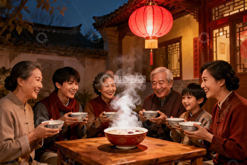 高清大图下载【趣麦麦图】传统庭院家庭聚餐其乐融融