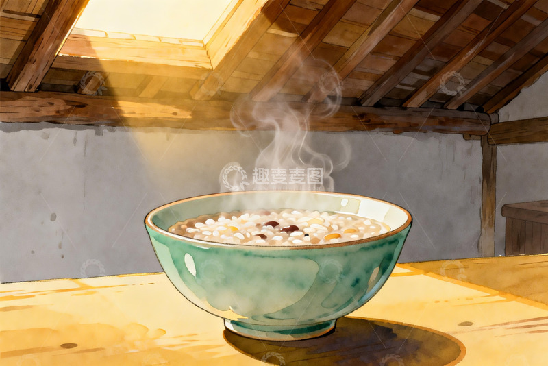 高清大图下载【趣麦麦图】热气腾腾的米粥与木质屋顶