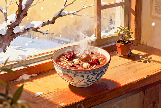 窗边热粥雪景温馨画面
