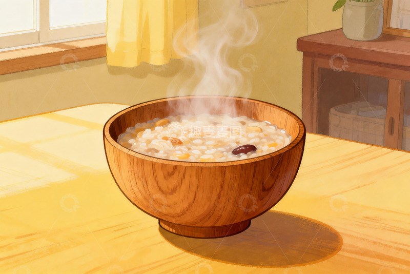 高清大图下载【趣麦麦图】木质碗盛热气腾腾的杂粮粥