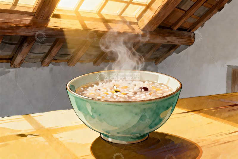 高清大图下载【趣麦麦图】热气腾腾的米粥在古朴木屋