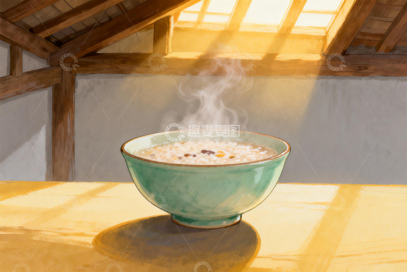 高清大图下载【趣麦麦图】古朴木屋中的热气粥