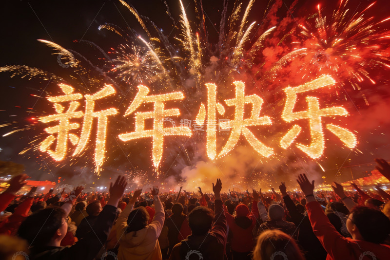 高清大图下载【趣麦麦图】新年烟花秀人群欢庆场面