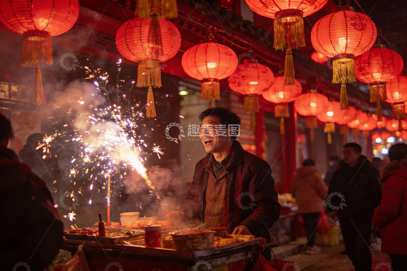 高清大图下载【趣麦麦图】夜市摊位烟花绽放欢庆场景