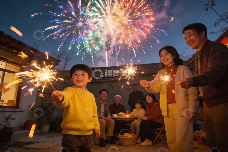 高清大图下载【趣麦麦图】家庭户外夜放烟花庆祝