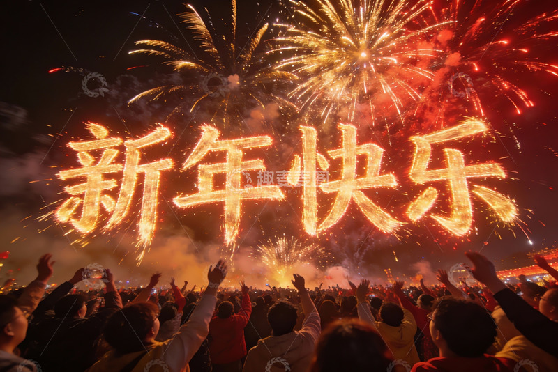 高清大图下载【趣麦麦图】新年夜空中绽放烟花人群欢庆