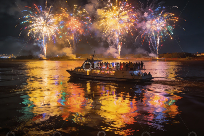 高清大图下载【趣麦麦图】夜游船上烟花绽放