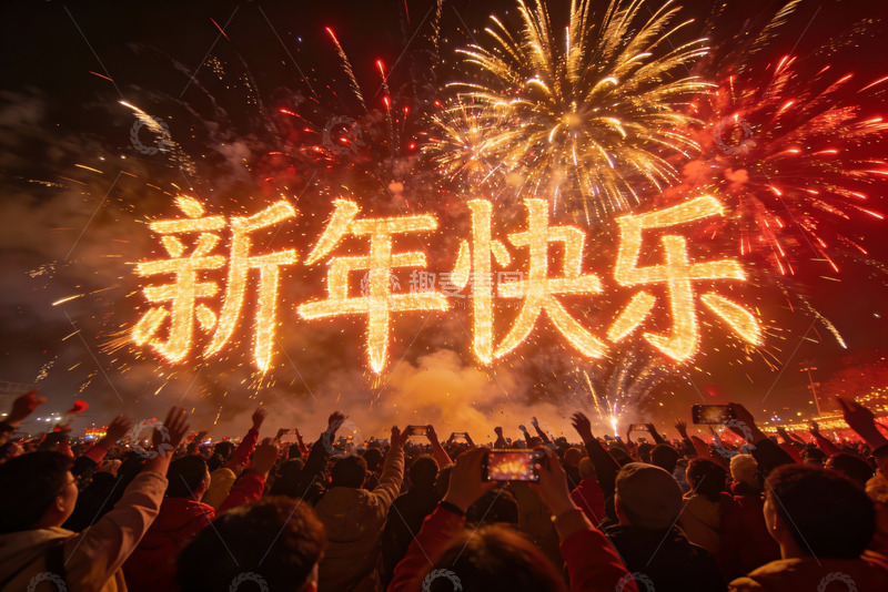 高清大图下载【趣麦麦图】新年夜放烟花人群欢庆