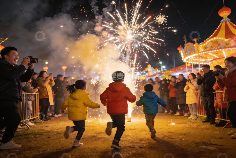 高清大图下载【趣麦麦图】烟花节夜景儿童奔跑欢乐场景