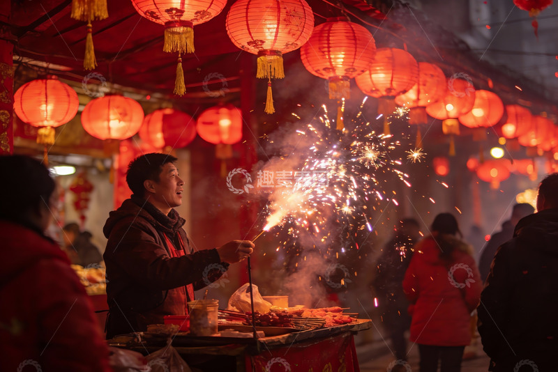 高清大图下载【趣麦麦图】夜市烟花红灯笼热闹场景