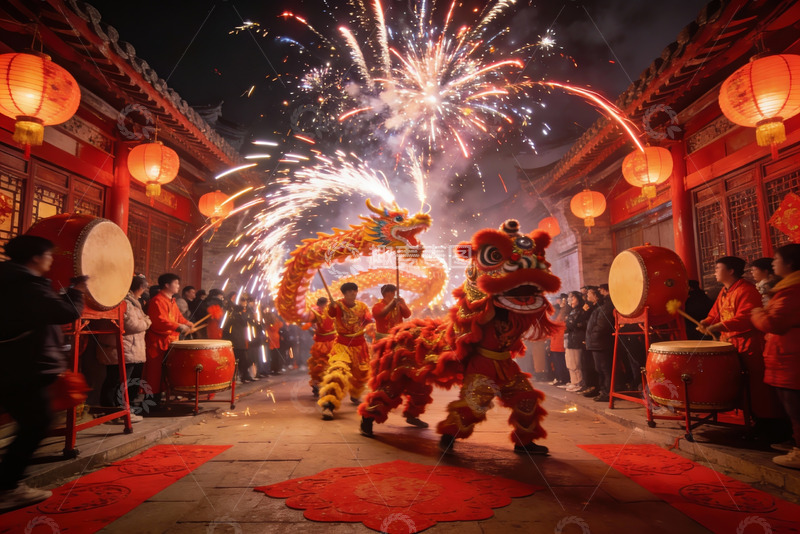 高清大图下载【趣麦麦图】夜街舞狮烟花璀璨热闹非凡