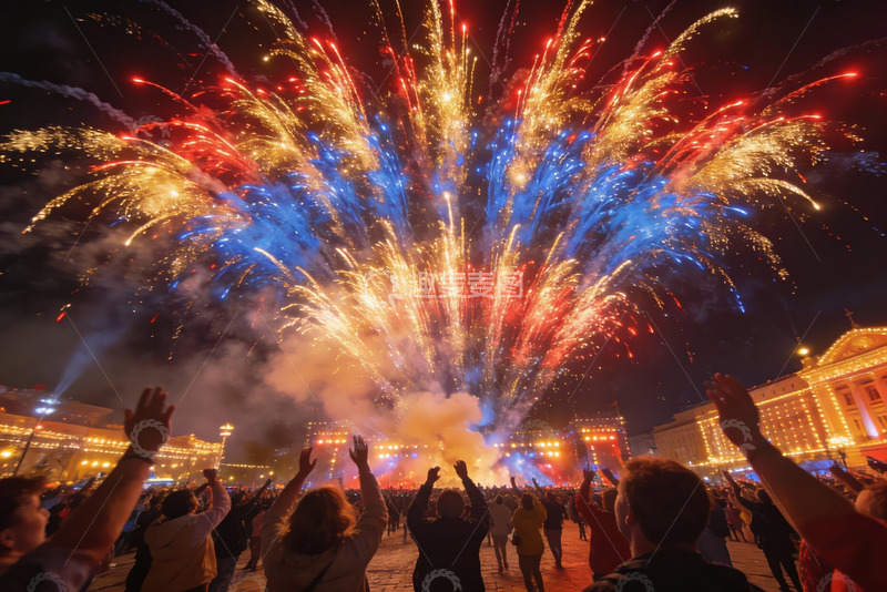 高清大图下载【趣麦麦图】夜空烟花绽放人群欢呼庆祝