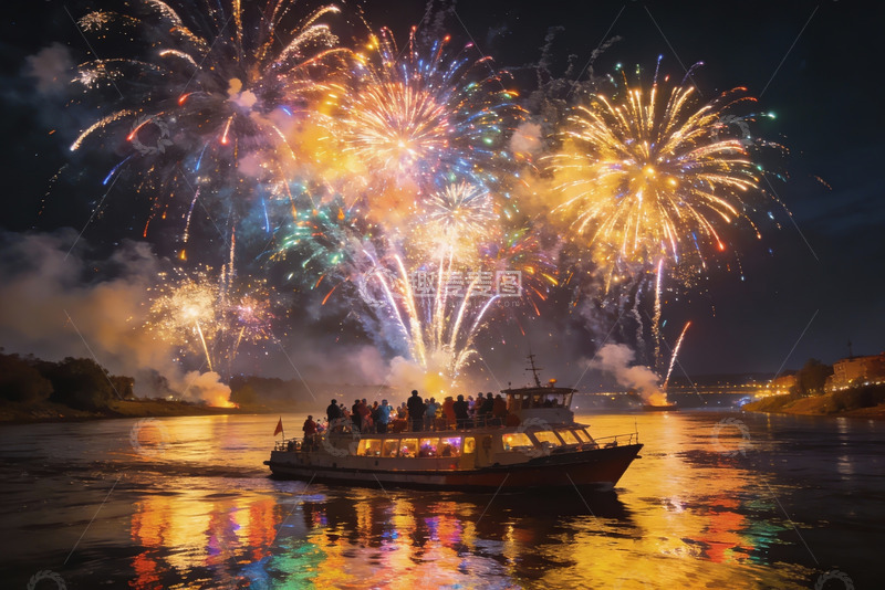高清大图下载【趣麦麦图】夜游河上烟花绽放