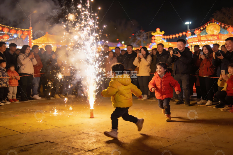 高清大图下载【趣麦麦图】夜市烟花表演儿童奔跑欢乐场景