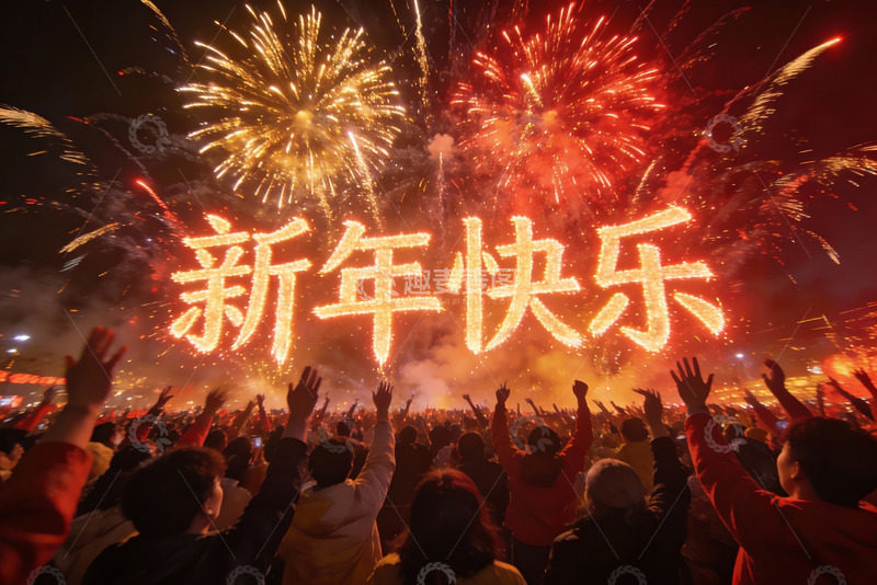 高清大图下载【趣麦麦图】新年夜烟花璀璨人群欢庆