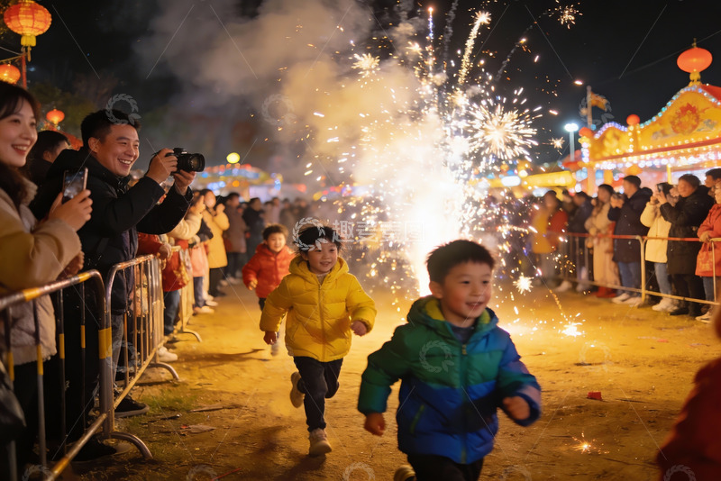 高清大图下载【趣麦麦图】烟花节夜场儿童奔跑欢乐场景