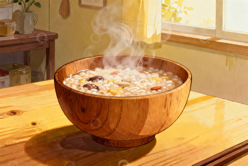 高清大图下载【趣麦麦图】木质碗盛热气腾腾的杂粮粥