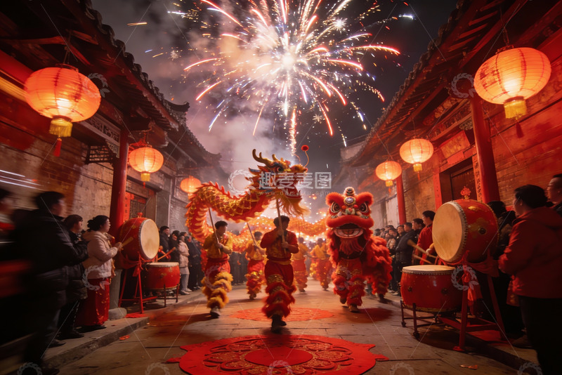 高清大图下载【趣麦麦图】夜街舞龙舞狮烟花绽放