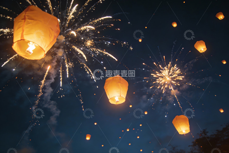 高清大图下载【趣麦麦图】夜空孔明灯烟花绽放