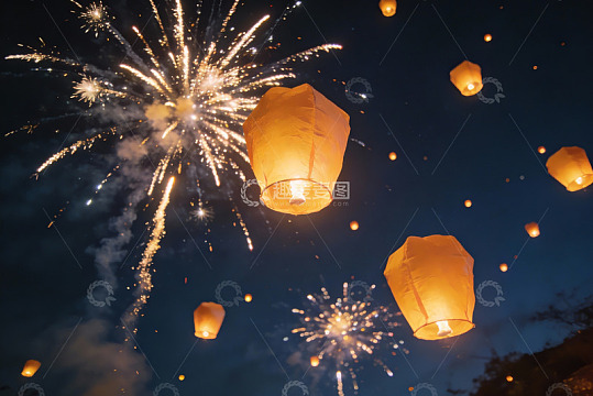 夜空烟花孔明灯齐放